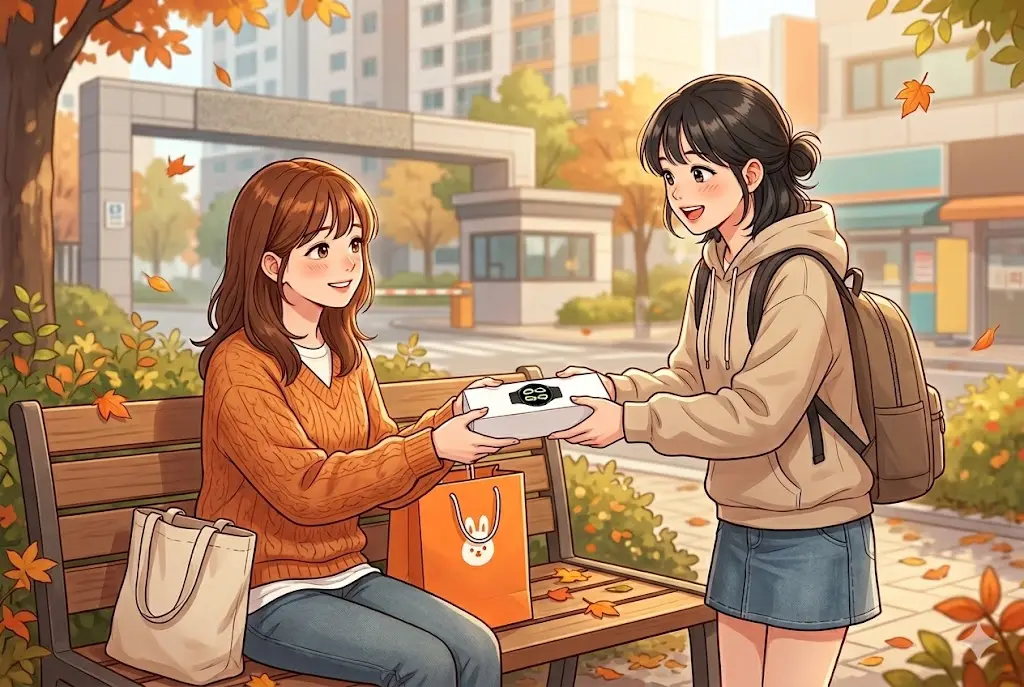 한국 아파트 앞 벤치에서 당근마켓으로 갤럭시워치 미개봉 제품을 직거래하며 웃고 있는 두 여성 애니메이션 일러스트.