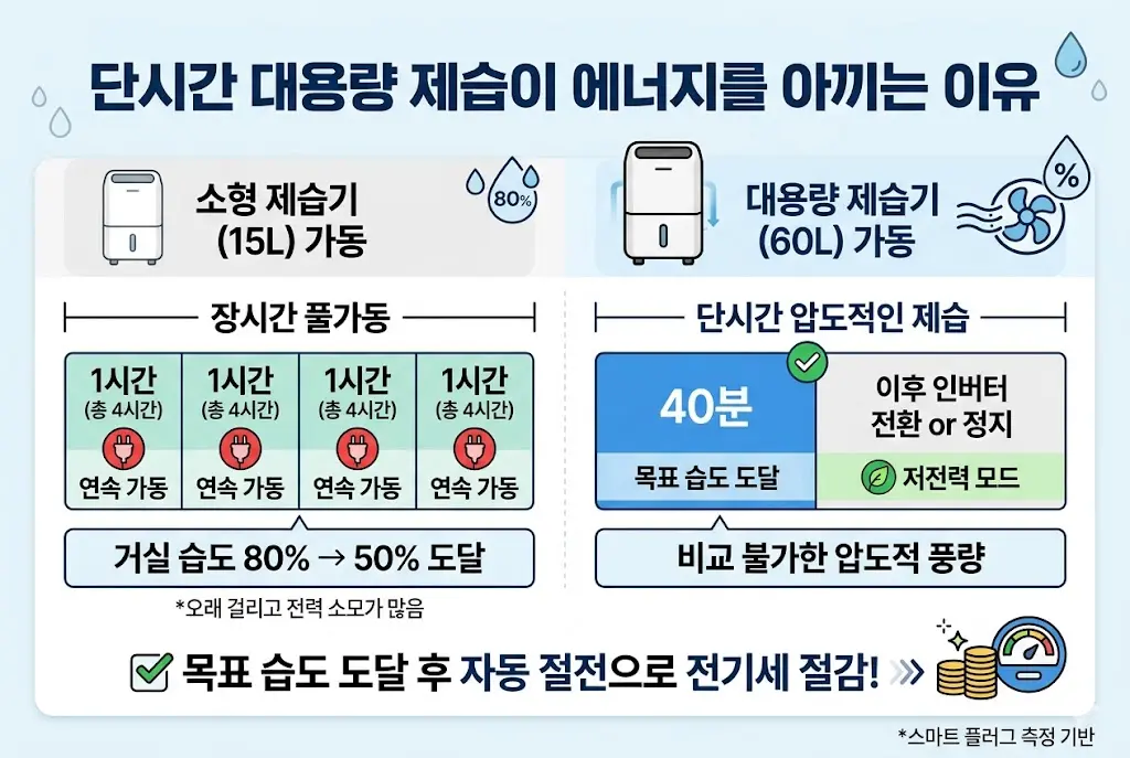 15리터 소형 제습기와 60리터 대용량 제습기의 습도 조절 시간 및 인버터 절전 모드 작동 방식을 비교한 에너지 효율 그림표