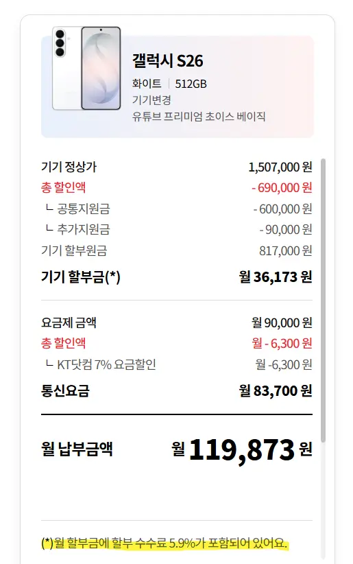 갤럭시 S26 통신사 구매 시 발생하는 5.9% 할부 수수료가 포함된 월 납부 금액 상세 내역 이미지