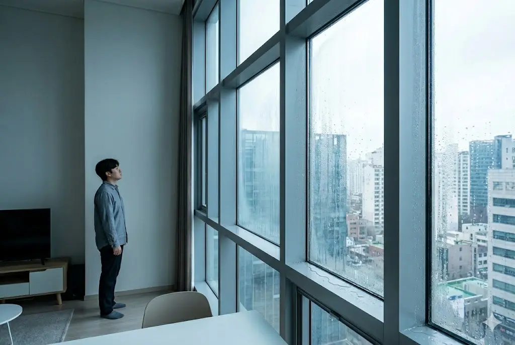 높은 층고와 습기가 가득 찬 통창 앞에 서 있는 남자가 오피스텔 실내 습기 문제를 보여주는 장면