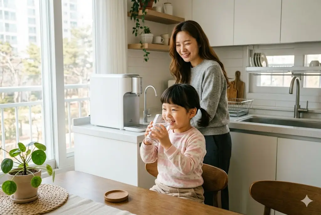 역삼투압 및 나노 필터 정수기로 거른 깨끗한 물을 안심하고 마시는 4살 아이