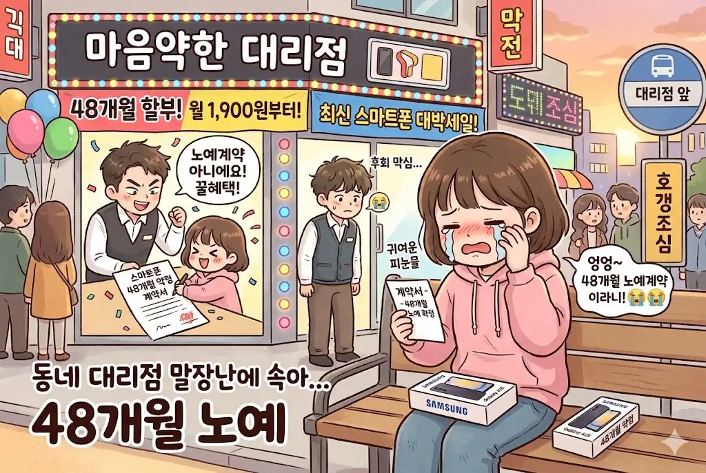 휴대폰 대리점 직원 말장난에 속아 스마트폰 48개월 할부 약정 계약서에 서명한 후, 벤치에 앉아 피눈물을 흘리며 후회하는 귀여운 캐릭터 일러스트
