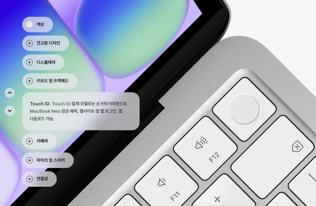 맥북 네오 258gb에는 없는 512 기가 터치아이디