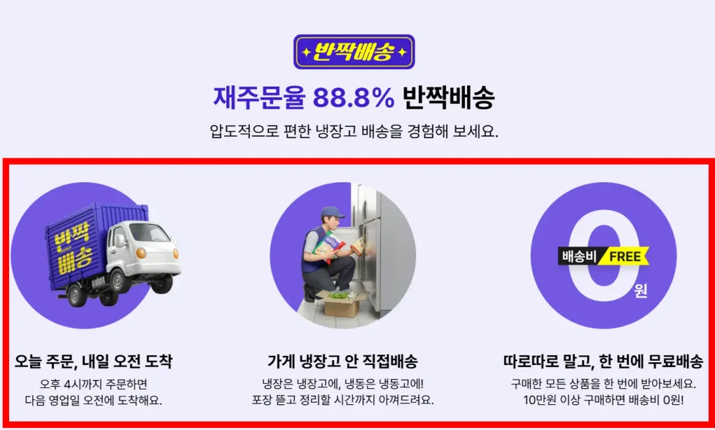 오후 4시 주문 시 익일 오전 매장 냉장고 안으로 직접 배송해 주는 차별화상회 반짝배송 혜택 안내